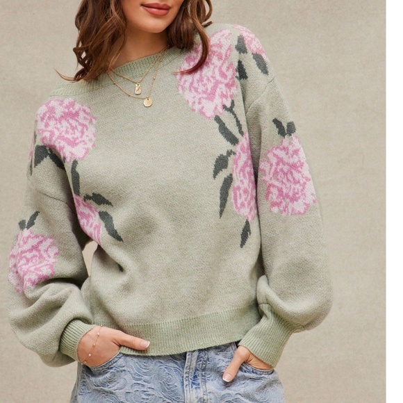 Cozy Floral Print Round Neck Loose Fit Sweater Top - Picture 4 of 11